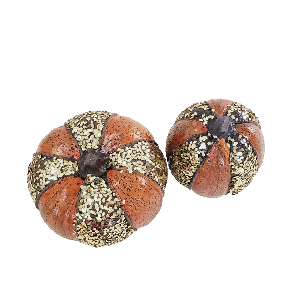 Set of 2 Fall 2019 Autumn Pumpkins Gold Glitter & Orange Resin Decor Halloween - Picture 3 of 5